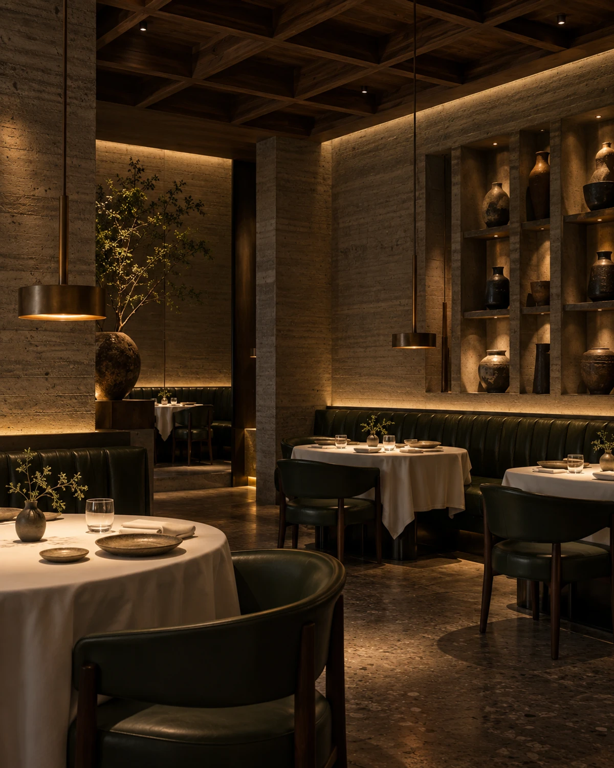 Fine-dining room with warm table pools and textured walls