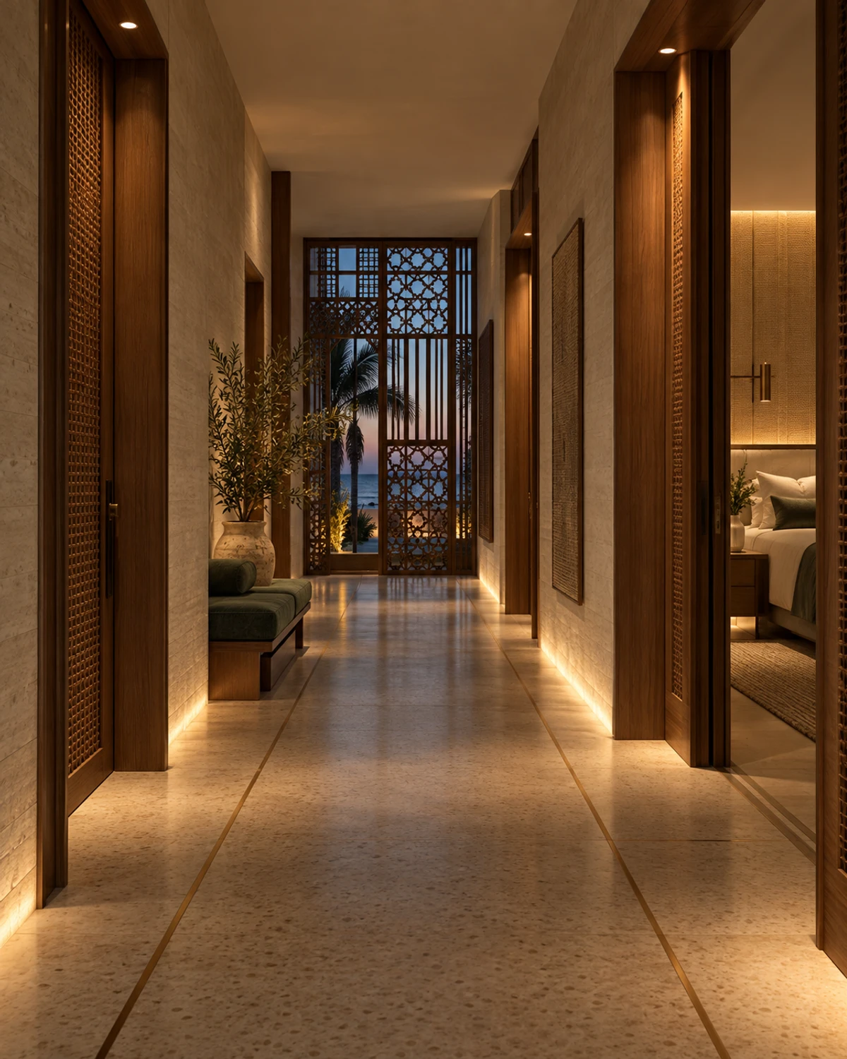 Boutique hotel corridor with low-glare night lighting