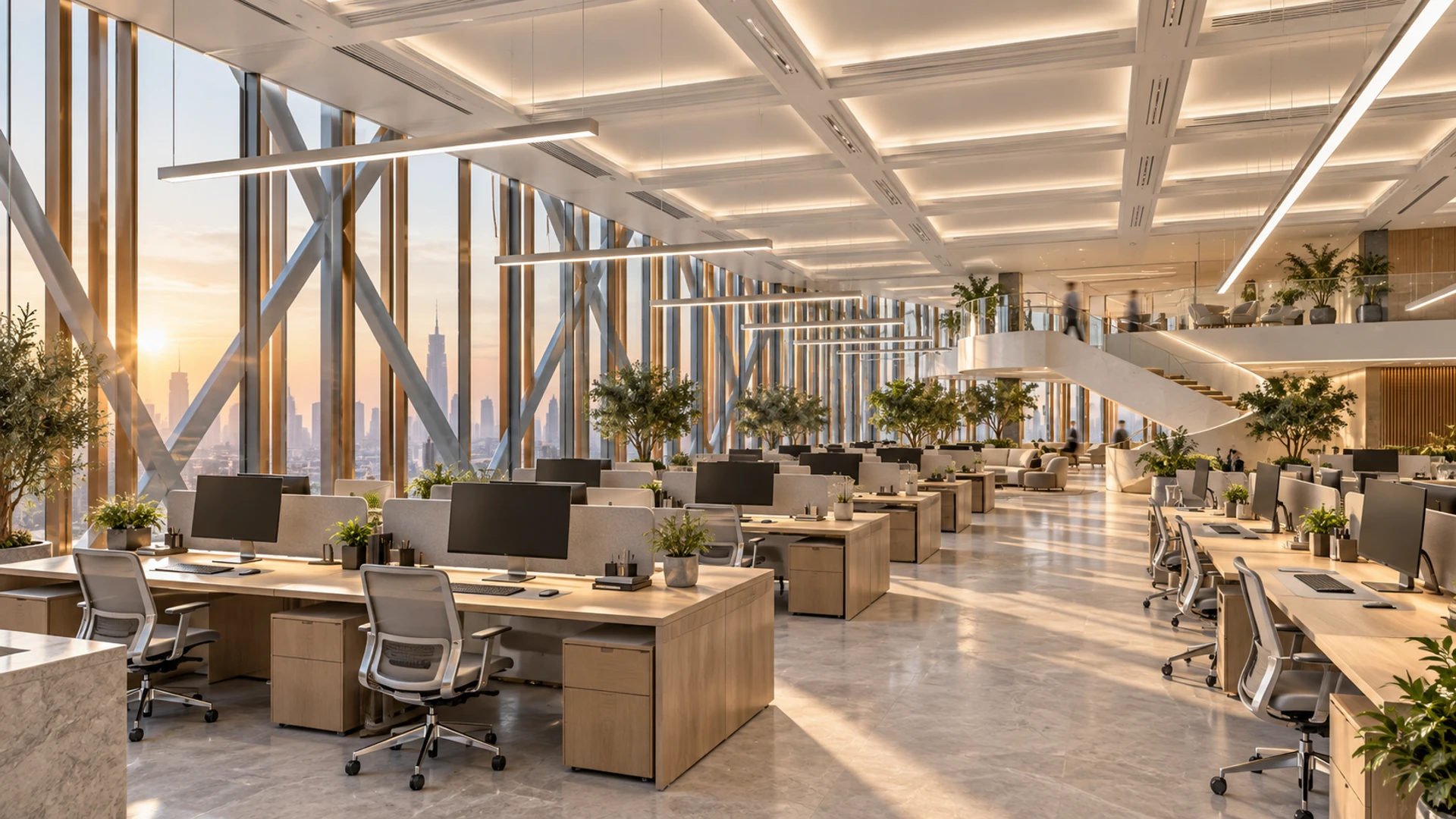 Daylight-balanced headquarters office with integrated linear lighting