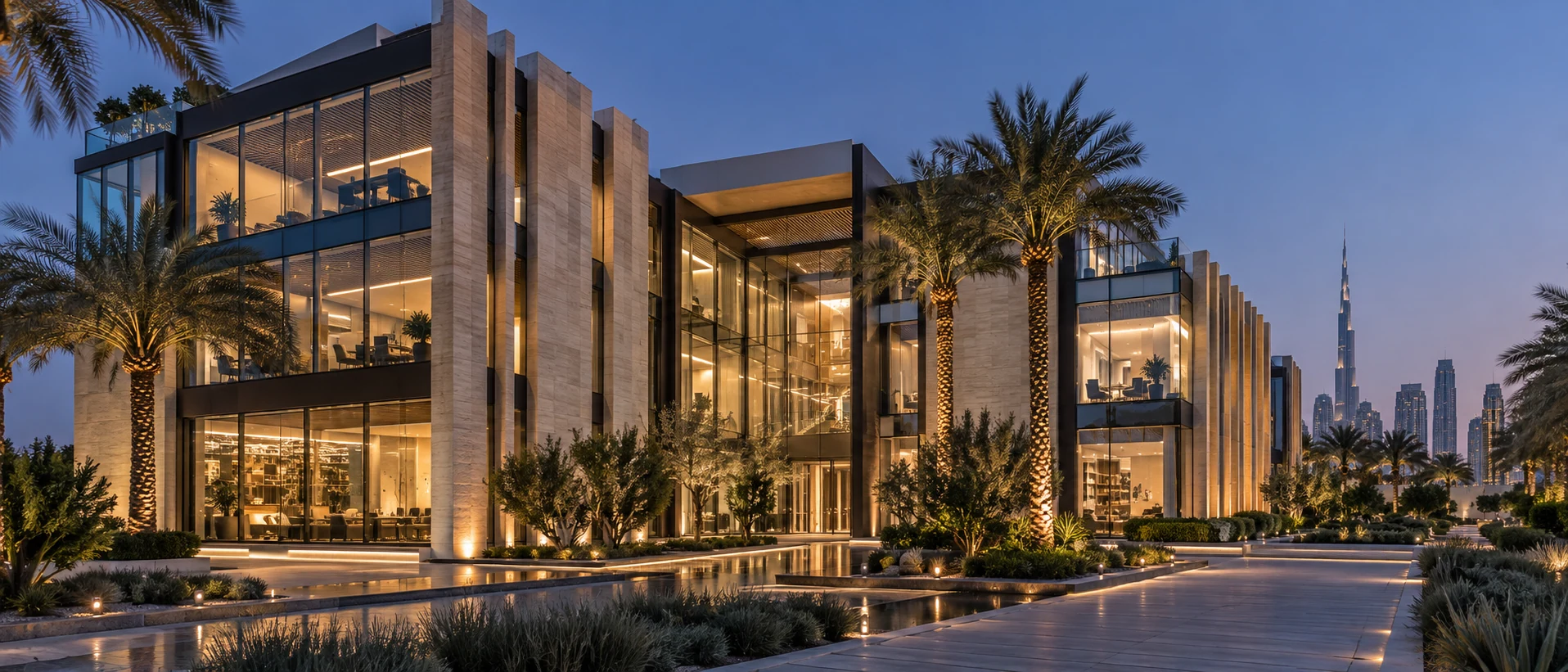 A contemporary Gulf commercial building with responsive lighting zones